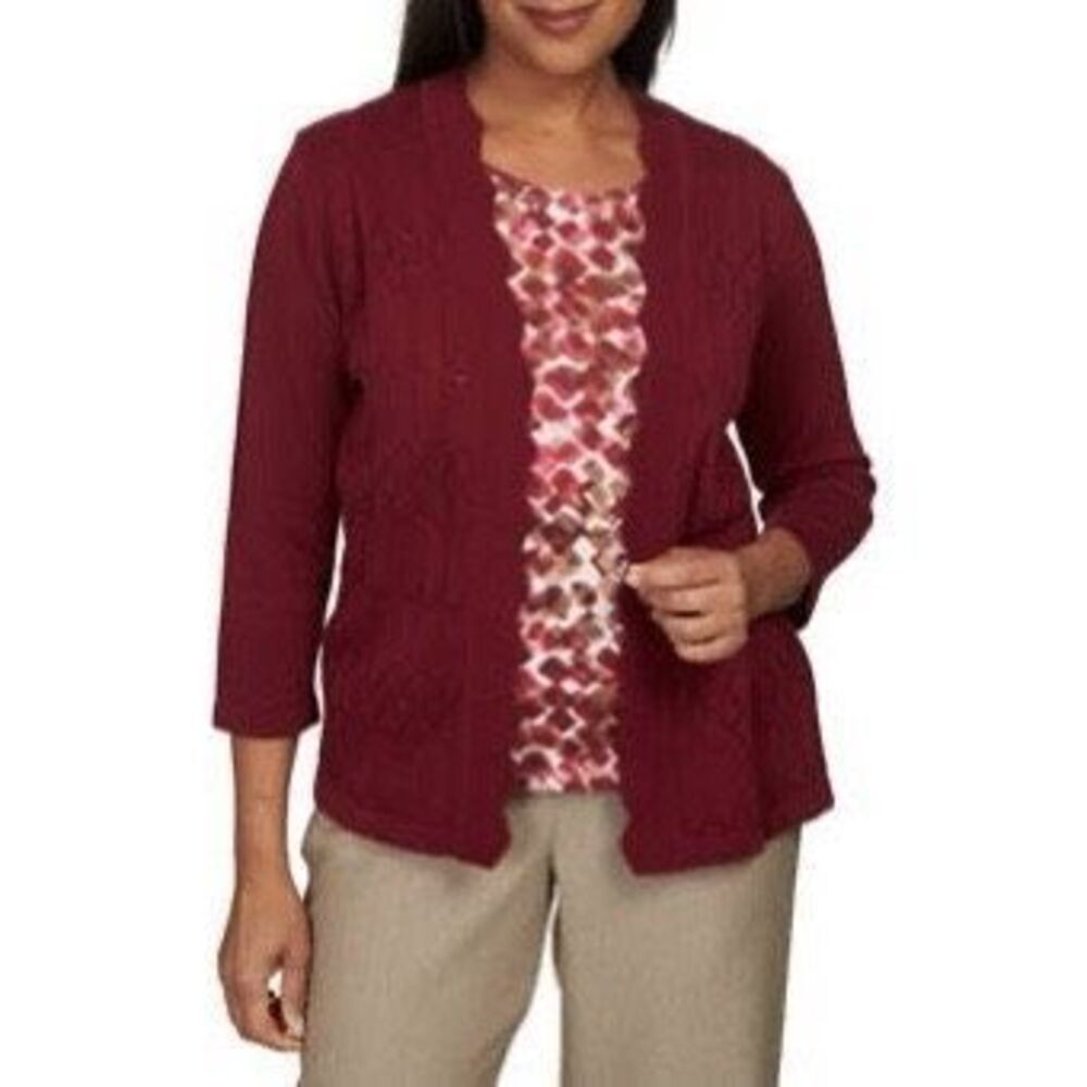 Alfred Dunner Maroon Layered Cardigan Top NWT Petite Large